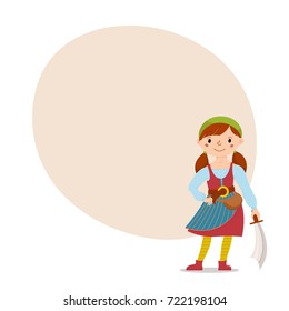 Little pirate girl in bandana and striped yellow tights holding cutlass with place for text, cartoon vector illustration isolated on white background. Kid, girl in pirate costume standing with sword