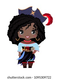 little pirate girl in a hat with a feather, boots, pirate outfit, with a sword and a treasure map. With dark skin, black hair and grey eyes, smiling. Isolated image