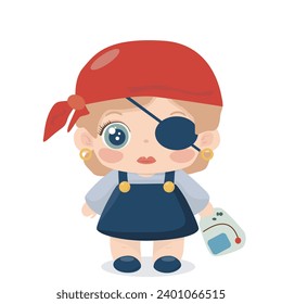 A little pirate girl in a sundress, a scarf on her head and a treasure map in her hands