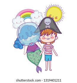 little pirate with mermaid in clouds