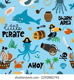 Little Pirate pattern - Cute sea adventures collection. Treasure island illustrations with parrot, ship, captain, pirates, shark, treasure. Funny pirate party elements for kids.