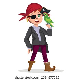 little pirate with peg leg and parrot, vector illustration.