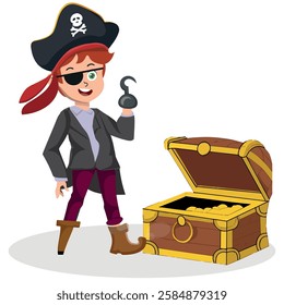 little pirate with peg leg and treasure chest, vector illustration.