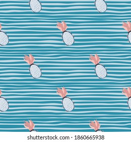 Little pitahaya shapes seamless pattern. Hand drawn fruits on blue striped background. Perfect for fabric design, textile print, wrapping, cover. Vector illustration.