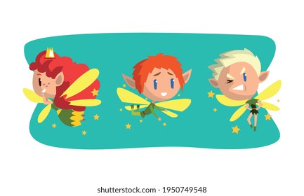 Little Pixie or Fairy with Wings and Fancy Hairstyle Vector Set