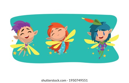 Little Pixie or Fairy with Wings and Fancy Hairstyle Vector Set