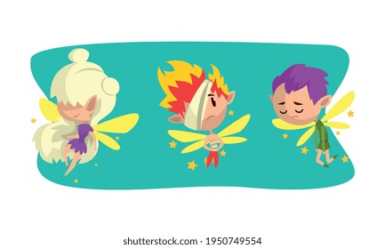 Little Pixie or Fairy with Wings and Fancy Hairstyle Vector Set