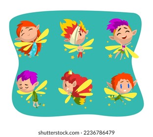 Little Pixie or Fairy with Wings and Fancy Hairstyle Vector Set