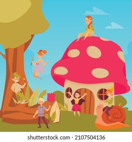 Little pixies have fun in forest glade near elf house. Fairies with magic wands at party in flat vector illustration isolated. Cartoon fabulous, fantastic characters from fantasy world