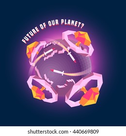 Little planet 3d Earth vector concept illustration. Nuclear war, bomb, mushrooms, explosive design elements
