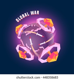 Little planet, globe 3d Earth vector concept illustration. Nuclear war, bomb, mushrooms, explosive design elements