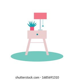 Little plant and lamp on a side table flat vector illustration.