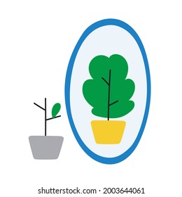 Little Plant Looking At The Mirror And See Big Green Plant. Metaphor About Success. Illustrations On White Background.