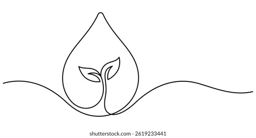 little plant sapling in water droplet natural ecology concept one line continuous drawing minimalism hand drawn decorative