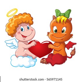 Little playful baby angel on a cloud and cute little devil girl holding heart. Cartoon vector illustration for greeting and wedding cards and Valentine's Day