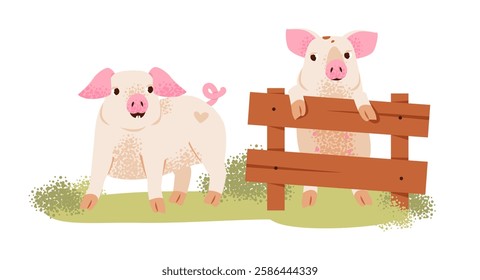 Little playful piglets near the fence. Farm cute animals. Flat vector illustration.