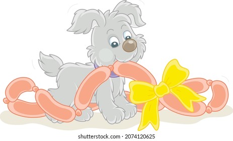Little playful puppy glutton and tasty gift sausages decorated with a bow for its first birthday, vector cartoon illustration isolated on a white background