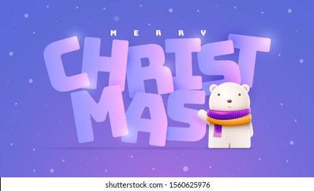 Little polar bear with bold Christmas message. Greeting card design. The elements are separate layers in the vector file.