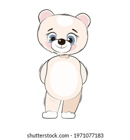 Little polar bear cub. Isolated object on a white background. Cheerful kind animal child. Cartoons flat style. Funny. Vector