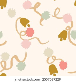 Little pompom ribbons bearing bells at the end in palette of pink, baby pink, mint green, cream and mustard yellow on off white background. Cute, simple Christmas pattern. Great for home decor, fabric