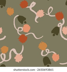Little pompom ribbons with bells forming a holiday decoration pattern in colors of peach, red, pink, yellow, off white on sage green background. Christmas seamless vector pattern. Great for home decor