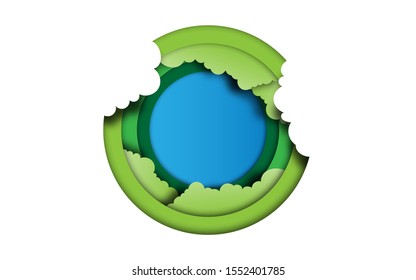 little pond top view illustration with tree leaves and space for your text in paper cut art craft style design, can use for wallpaper, poster, book cover, spring or summer theme. vector illustration 