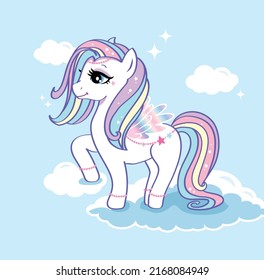 Little pony. Cute magical unicorn and cloud. Vector design isolated on blue background. Print for t-shirt or sticker. Romantic hand drawing illustration for children