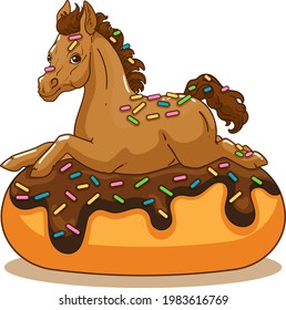 Little Pony. Delicious donut with sprinkles. Children's vector book illustration.