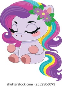 Little pony meditates. Children's picture. Colored pony with closed eyes.