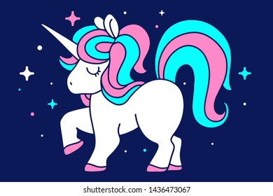 Little pony with rainbow mane, horn and close eyes on dark background with star. Vector illustration of magic white unicorn. Line art design for unicorn party poster, invitation, greeting card