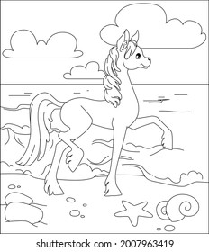 Pequeño poni para dar un paseo por el mar. Libro de colorear para niños sobre un caballo. Ilustración vectorial.