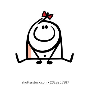 Little positive girl with a bow in her hair is sitting on the floor and smiling. Vector illustration of cute newborn baby. Doodle cartoon stick man character isolated. 