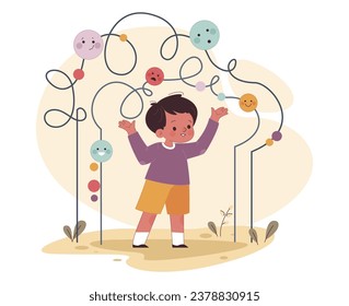 Little preschool boy with high emotional intelligence. Positive parenting impact on child' emotional development. Childhood with father' involvement. Flat vector illustration.