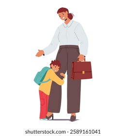 Little preschool boy son crying holding mother leg feeling fear and anxiety before going to kindergarten vector illustration. Problem of child adaptation at nursery school and emotional separation