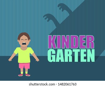 Little preschool capricious crying boy don't like kindergarten. Huge word behind small kid with big scary dark shade. Children's tantrum in the room. Funny cute illustration. Creative concept