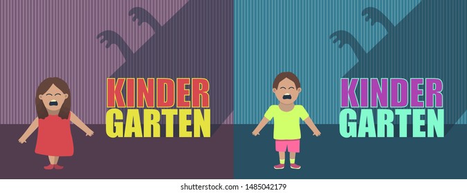 Little preschool capricious crying boy don't like kindergarten. Huge word behind small kid with big scary dark shade. Children's tantrum in the room. Funny cute illustration. Creative concept