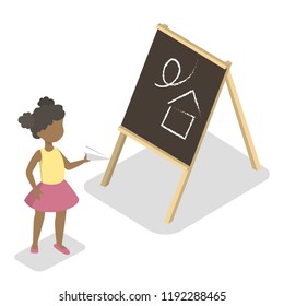 Little preschool child standing with a paperplane. Girl drawing on the blackboard in classrom. Isolated vector isometric illustration