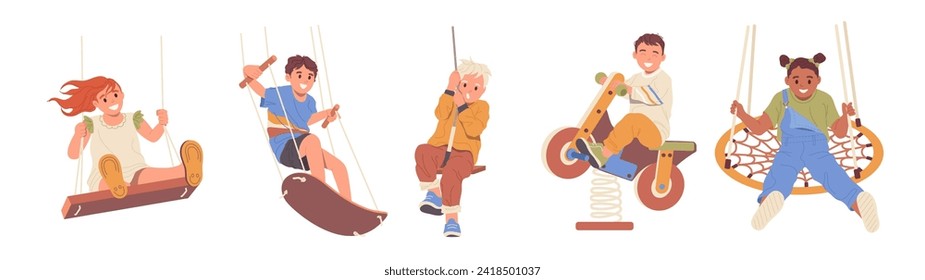 Little preschool children cartoon characters riding different swing on playground or attraction park