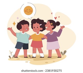 Amistad de niños pequeños de preescolar. Impacto positivo de la participación del padre en la salud mental y la capacidad de comunicación del niño. Padres comprometidos o comprometidos. Ilustración vectorial plana.