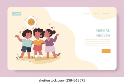 Little preschool children friendship web banner or landing page. Positive impact of father' involvement on child' mental health. Engaged or committed fatherhood. Flat vector illustration.