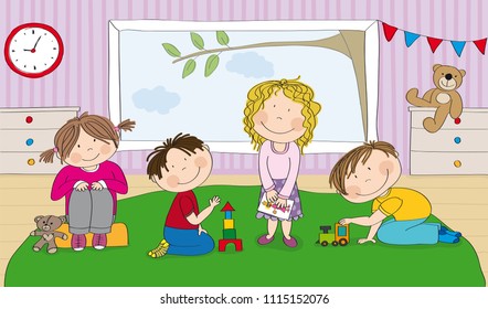 Little preschool children in kindergarten, building bricks, playing with toys, drawing pictures - original hand drawn illustration
