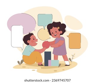 Little preschool girl and boy talking to each other on a playground. Positive impact of father' involvement on child' communication skill. Engaged or committed fatherhood. Flat vector illustration.