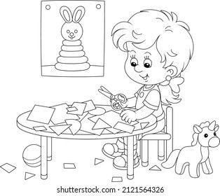 Little preschool girl cutting outlines and figures from color paper with scissors and making a funny picture of a cute toy bunny, black and white vector cartoon illustration for a coloring book