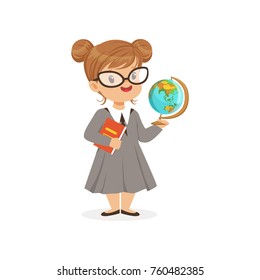 Little Preschool Girl Dreaming To Become Geography Teacher In Future. Career Day In Kindergarten. Flat Kid Character