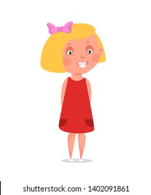 Little preschool girl flat vector illustration. Smiling child standing in red dress cartoon character. Cheerful kid with pink bow, hairpin butterfly. Happy childhood. Excited kindergarten pupil