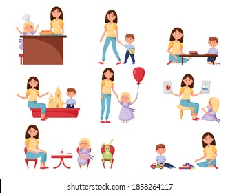 Little preschool kid nursing, babysitting, teaching scene. Mother, nanny or babysitter character engaged in primary education, preschool development vector illustration isolated on white background