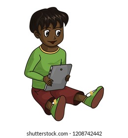 Little preschooler boy with electronic tablet. Games or training. Vector illustration in cartoon style.