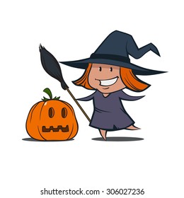 little pretty cartoon witch with broom and pumpkin, simple illustration
