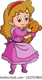 The little pretty girl is holding and playing the doll of illustration svg