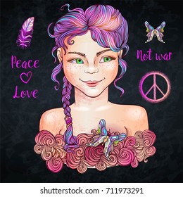 Little pretty girl with Pacific hippie peace symbol, not war inscription,feather,doodle heart and colorful butterfly.Crazy pink hair